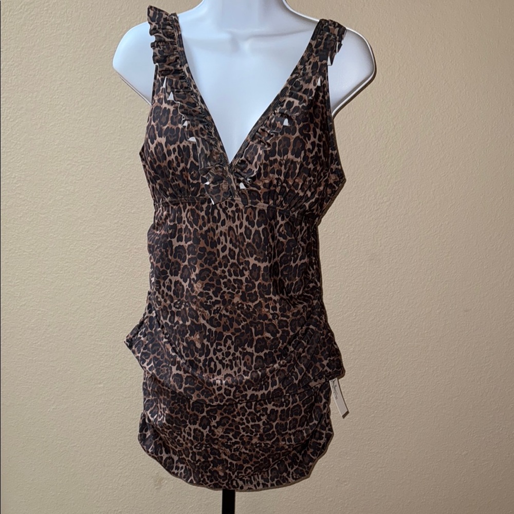 NWT Nicole Miller Ruffle Tankini w/ Swim Skirt Set Island Animal Print Sz L